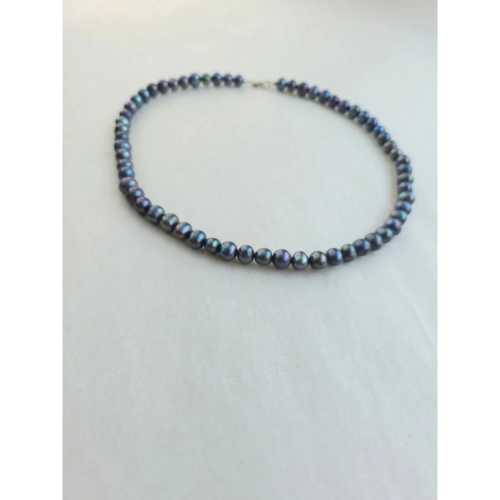 Black Freshwater Pearl Necklace 925 Sterling Silver Peacock Iridescent 18